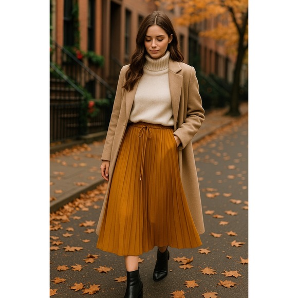 Pleated Midi Skirt Women M Elastic Waist Minimalist Fall Outfit Boho Style Golde - Picture 2 of 7